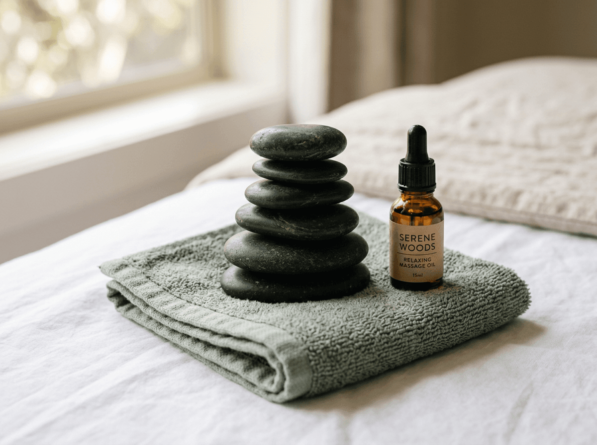 Warm massage stones and folded linens in the treatment room